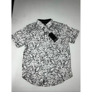 NWT Public Record Big Boys Buttoned Short Sleeve White Black Cotton Shirt Sz 8/S
